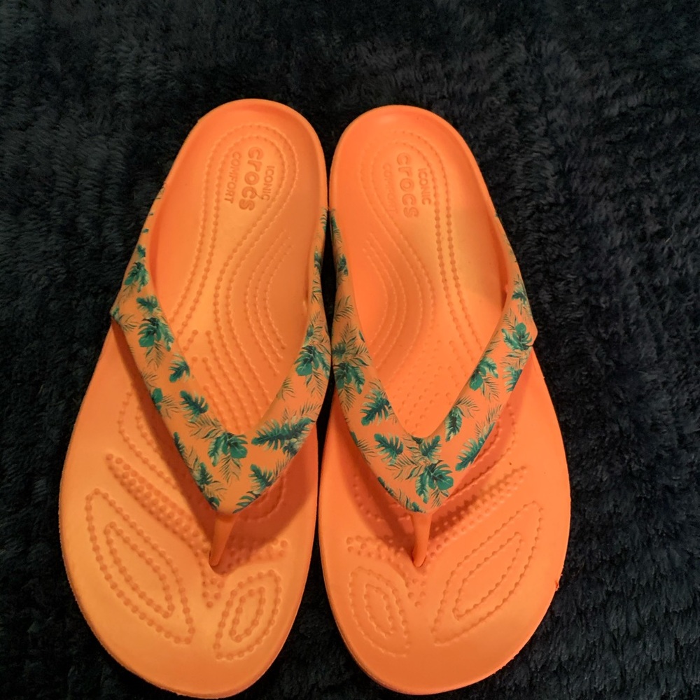 Coral croc flip flops with palm trees